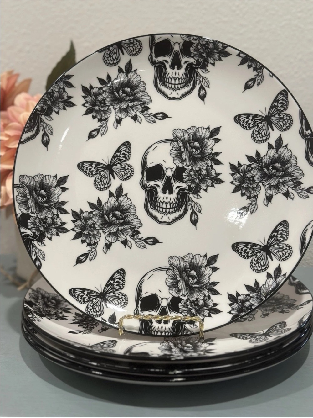 4pc ZRIKE Halloween Skull & Butterfly
Dinner Plates 10.5" Ceramic Black & White